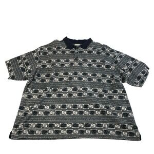 Fieldmaster Patterned Polo Shirt XL Black Gray Cotton Geometric Short Sleeve VTG